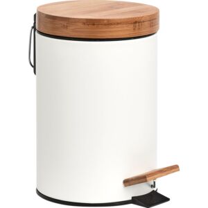 Poubelle à pédale métal/bambou, 3l, blanc